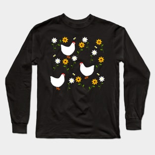 Chickens Scratching in the Daisy Patch on Green Long Sleeve T-Shirt